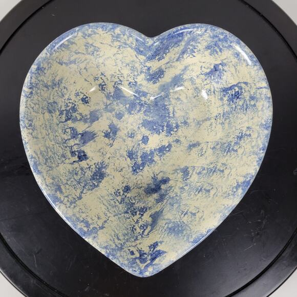 Vintage 3 pcs Set Heart Shaped Nesting Bowls White Blue Sponge Paint Pottery Art - Picture 9 of 16